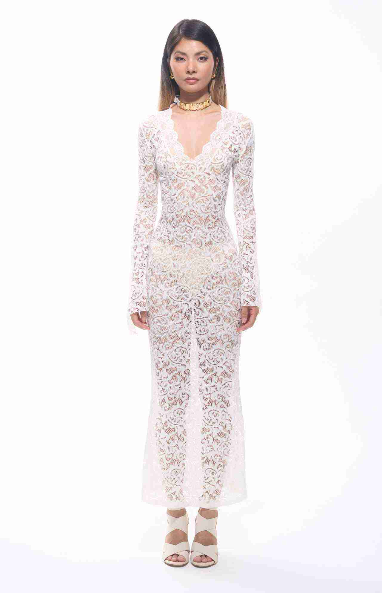 Sekna V-Cut Floral Lace Maxi Dress White

