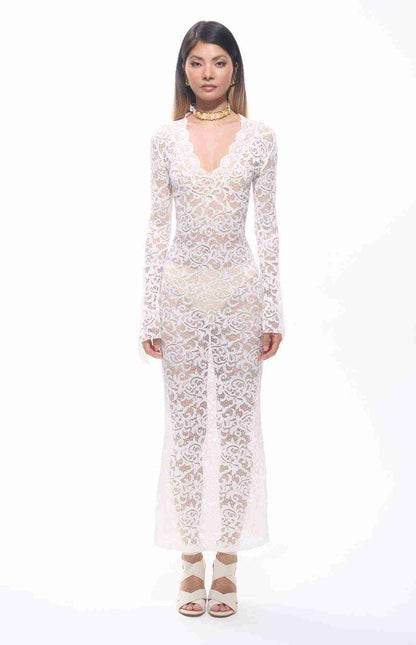 Sekna V-Cut Floral Lace Maxi Dress White

