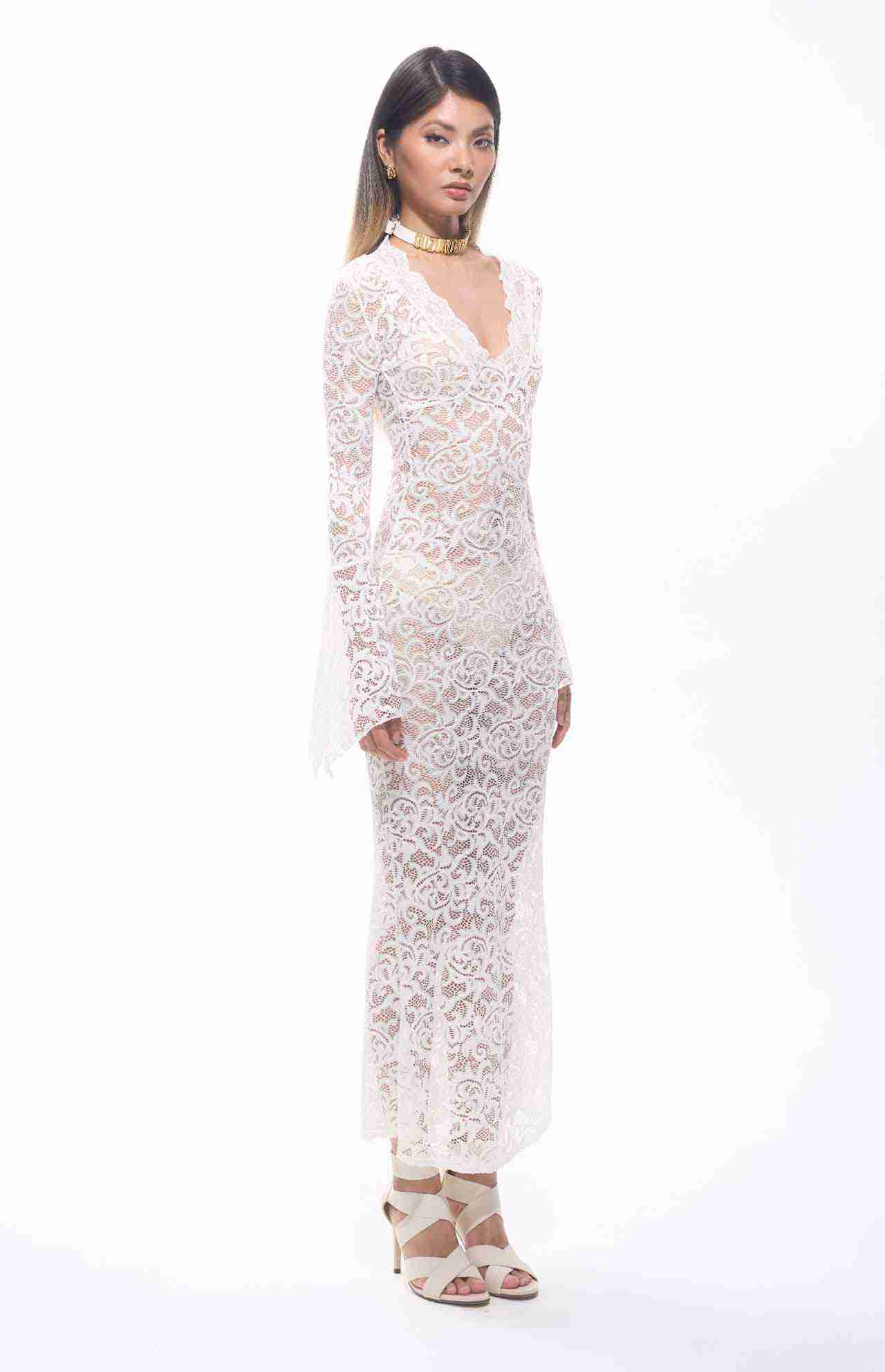 Sekna V-Cut Floral Lace Maxi Dress White

