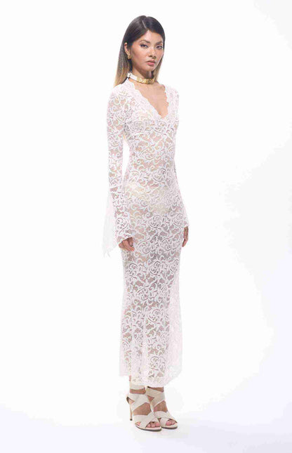 Sekna V-Cut Floral Lace Maxi Dress White

