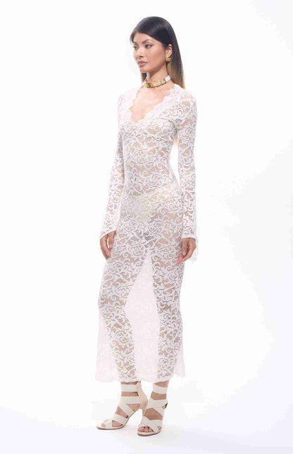 Sekna V-Cut Floral Lace Maxi Dress White

