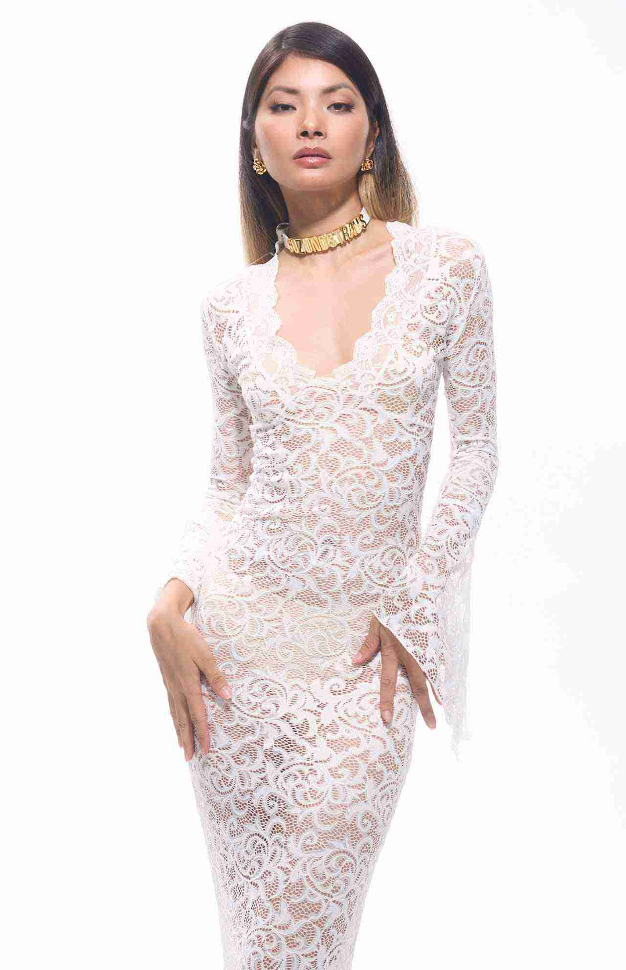 Sekna V-Cut Floral Lace Maxi Dress White

